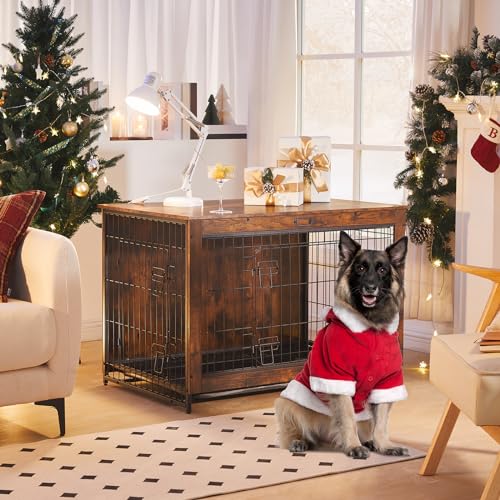 HOOBRO Dog Crate Furniture, 38.6" Large Dog Kennel Indoor, Wooden Cage with Pull-Out Tray, Double Doors Pet House Side End Table for Large/Medium/Small Dogs, Rustic Brown BF982GW03G1