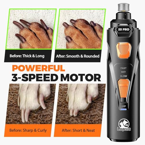 Whisper Quiet Dog Nail Grinder with 4 LED Lights, Safe & Stress-Free for Sensitive Dogs Cats of All Breeds & Sizes, 3 Grinding Bits, 3-Speed, Pet Nail Trimmers, Rechargeable Painless Grooming Kit