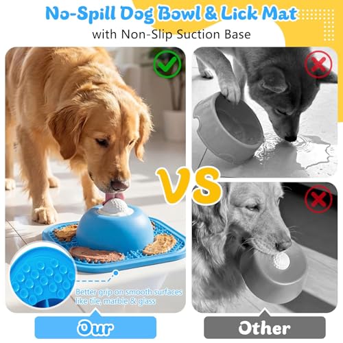 PetsHome Slow Feeder Dog Bowls & Lick Mat for Liquid and Thick Treat, Anti-Slip Dog Lick Bowl with Interactive Rolling Ball, 5/6 Cup Pup Licking Toy for Large Medium Small Dogs and Cats Blue