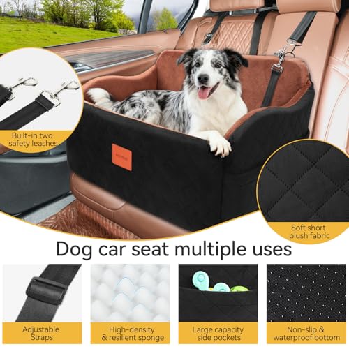INDYBUD Dog Car Seat for Medium/Large Dogs, Memory Foam Pet Booster Seat for Under 55 lbs or 2 Small Dogs, Detachable Dog Car Bed for Backseat with 2 Safety Leashes and Pockets(Black/Brown, Large)