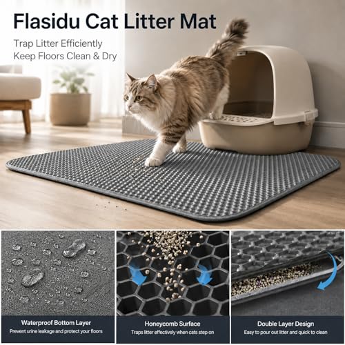 Flasidu Cat Litter Box Mat Double Layer Trapping Mat Easy-Clean Waterproof Urine Proof(Gray 30x22in)