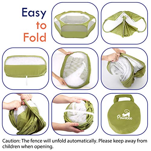 Pawaboo Small Animals Playpen, Waterproof Small Pet Cage Tent with Zippered Cover, Portable Outdoor Yard Fence with 3 Metal Rod for Chick/Kitten/Puppy/Guinea Pig/Rabbits/Hamster/Chinchillas,Green