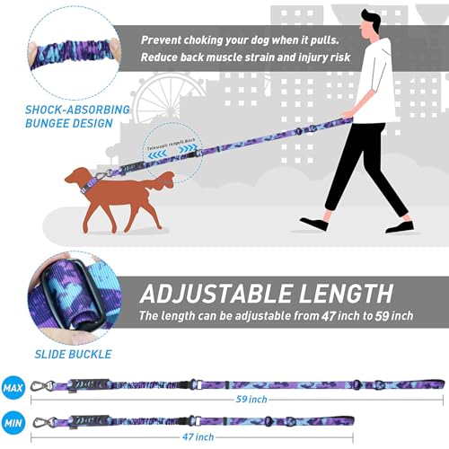 Hotsky Tactical Dog Leash Heavy Duty for Medium Large Dogs that Pull,4-6Ft Strong Bungee Shock Absorbing No Pull Dog Leash with Padded Double Handle and Car Seatbelt,Purple Camo