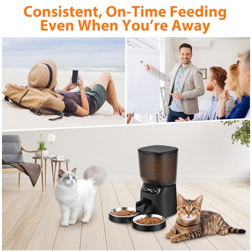 Automatic Cat Feeders for Two Cats, 5L/20 Cups Double Automatic Cat Food Dispenser with 2 Stainless Bowls, Timer Setting 20 Portions 6 Meals Per Day, 10s Meal Call (Black)