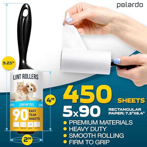 Lint Rollers for Pet Hair, White, Sticky Remover for Couch, Clothes, Furniture and Carpet, Dog and Cat Fur Remover, Animal Fuzz, 5 Large Sticky Rollers