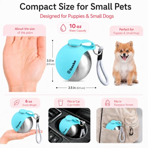 Cibaabo 2 in 1 Portable Dog Water Bottle with Bowl, 10 oz Stainless Steel No-Spill Travel Pet Water Dispenser with Collapsible Silicone Bowl for Small Dog & Puppy Walking Hiking Outdoor