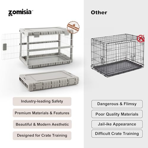 ZOMISIA Collapsible Dog Crate for Dogs - 28" L Heavy Duty Dog Kennel No Tools Required with 4 Sides Steel Foldable Cage for Dogs Indoor Furniture, Portable Carrier with 2 Smooth Wheels, Beige