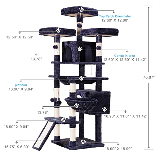 Hey-brother Cat Tree, 71 inches XL Large Cat Tower for Indoor Cats, Multi-Level Cat House with 3 Padded Perches, Big Scratcher, Cozy Basket, 2 Cat Condos and Scratching Posts, Smoky Gray MPJ034G