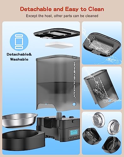 HoneyGuaridan 3.5L Automatic Cat Feeder for Two Cats, Food Dispenser with Stainless Steel Bowl,Timed Cat Feeder Programmable 1-6 Meals Control, Dual Power Supply,10s Meal Call Black