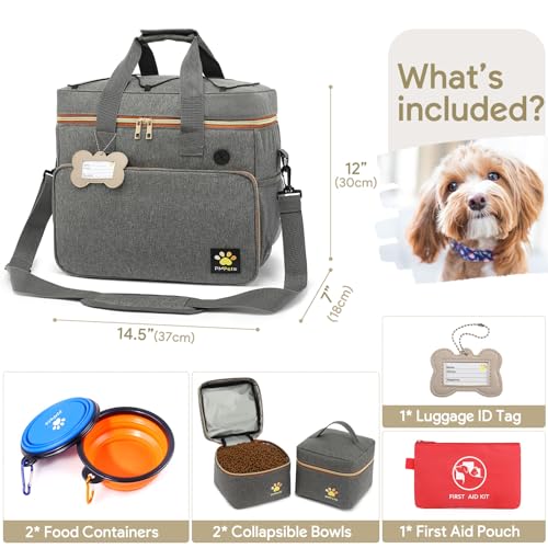 Pmpete Dog Travel Bag for Traveling| Week Away/Overnight Dog Travel Accessories with Multi-Function Pockets| Travel Set for Dogs and Cats|Ideal Pet Diaper Bag and Pet Gift Kit(Grey)