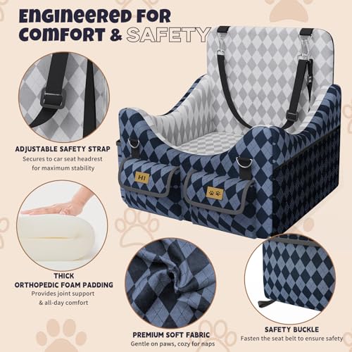 Dog Car Seat for Small/Medium Dogs up to 35lbs, 4-Pocket Storage Memory Foam Dog Booster Seat, Detachable Washable Pet Car Seat with Safety Belt, Outdoor & Indoor Use (Blue/Grey)