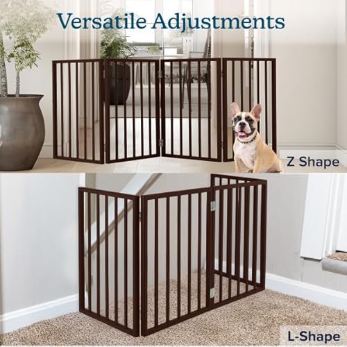 Pet Gate - 4-Panel Indoor Foldable Dog Fence for Stairs, Hallways or Doorways - 72x24-Inch Retractable Wood Freestanding Dog Gates by PETMAKER (Brown)