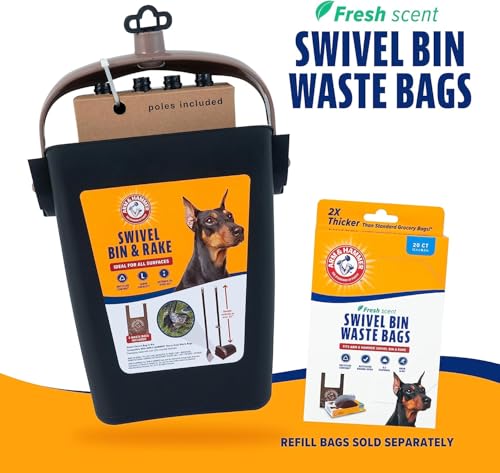 Arm & Hammer Dog Pooper Scooper Swivel Bin & Rake, Poop Scoop for Dogs, Black (2 Heavy Duty Scented Waste Bags Included)