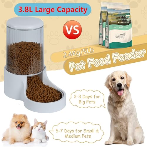 Makikuser Automatic Cat Feeder, 3.8L Large Gravity Cat Food Dispenser with Detachable Top Lid, Visible Bottle and Stainless Steel Bowl for Pets (White)