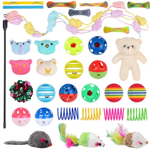 QUOZUO 30 Pcs Cat Toy Kitten Toys Set, Interactive Cat Toy Wand Cat Springs Ball Toy with Bells, Cat Toys for Bored Indoor Cats, Gift Box Styles