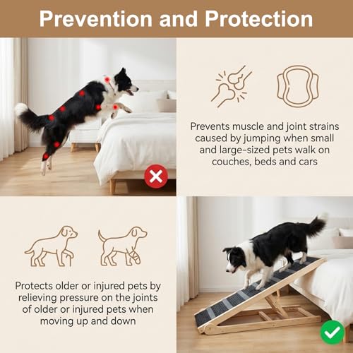 Dog Ramp for Bed, for Couch, 47.24" Long Wooden Pet Ramp for Small & Large Dogs to Get on Bed Couch Car Up to 200LBS, 4 Adjustable Heights (13.7"-24.6"), Foldable Dog Bed Ramp with Anti-Slip Surface