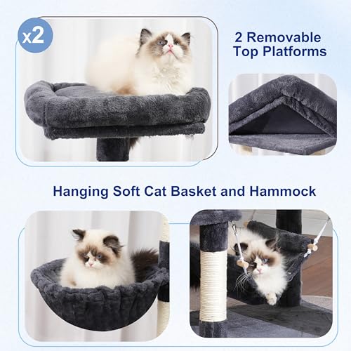 Gitelsnour Cat Tree for Indoor Cats, 71'' (180cm) Multi-Level Cat Tower for Large Adult, Sturdy Cat Tree House with 2 Scratching Boards 7 Posts, 2 Plush Perches/Condos, Hammock, Smoky Gray GCT032G
