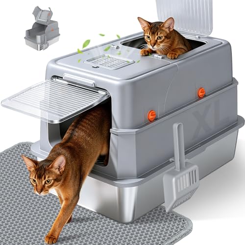 KISENG Stainless Steel Litter Box with Lid, High Sided Enclosed Metal Litter Box for Big Cats, Easy Cleaning Anti-Urine Leakage, Non-Sticky Cat Box, Front Entry Top Exit KittyBox, Includes Mat & Scoop