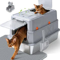 KISENG Stainless Steel Litter Box with Lid, High Sided Enclosed Metal Litter Box for Big Cats, Easy Cleaning Anti-Urine Leakage, Non-Sticky Cat Box, Front Entry Top Exit KittyBox, Includes Mat & Scoop