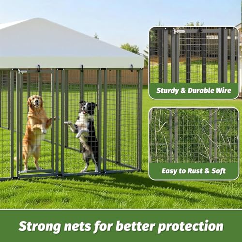 20x10 FT Outdoor Dog Kennel with Waterproof Roof, Heavy Duty Dog Enclosures with Galvanized Welded Wire Steel & Dual Safety Lock