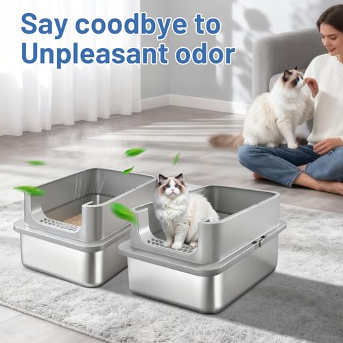 Jotesnew 2 Pack XL Stainless Steel Cat Litter Box with Lid and High Sides, 24" L x 16" W x 12" H Extra Large Metal Cat Litter Boxes for Big Cats, Leak-Proof, Non-Stick, Odor-Resistant, Includes Scoop