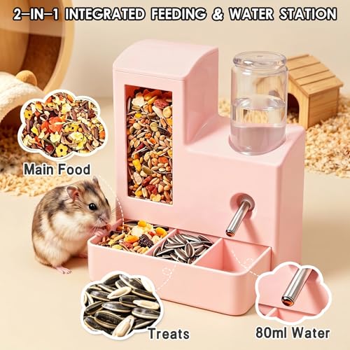 PawluxeNINE Hamster Water Bottle and Feeder, No Drip 2-in-1 Automatic Waterer and Food Dispenser, Gravity Feeding Hamster Cage Accessories for Small Pets 5.51 x 4.33 x 6.49 Inch