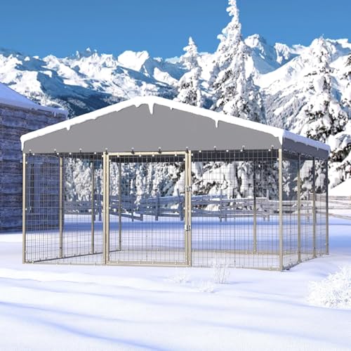 Kullavik 10x10x6 FT Large Outdoor Dog Kennel,Anti-Rust Galvanized Steel Dog Pen with Double Locks,Heavy Duty Dog Enclosure Fence with UV & Water Resistant Roof Cover for Outside