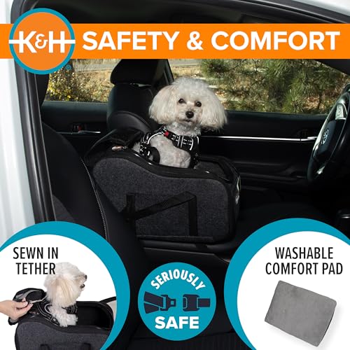 K&H Pet Products Center Console Dog Car Seat for Small Dogs & Cats, Secure Armrest Booster Pet Carrier with Safety Tether, Zippered Enclosure, 2 Pockets, Washable Plush Pad, for Pets Under 8 lbs.