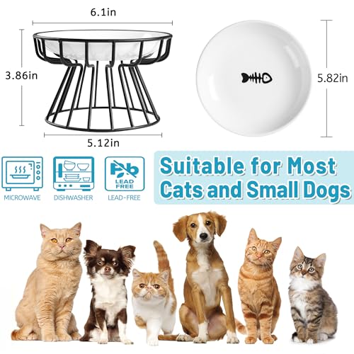 Wellbro Cat Bowls, Elevated Cat Bowl, Raised Ceramic Dish with Metal Stand, Pet Water or Food Feeding Station for Indoor Cats, Kitten, Puppies and Small Dogs, Dishwasher Safe