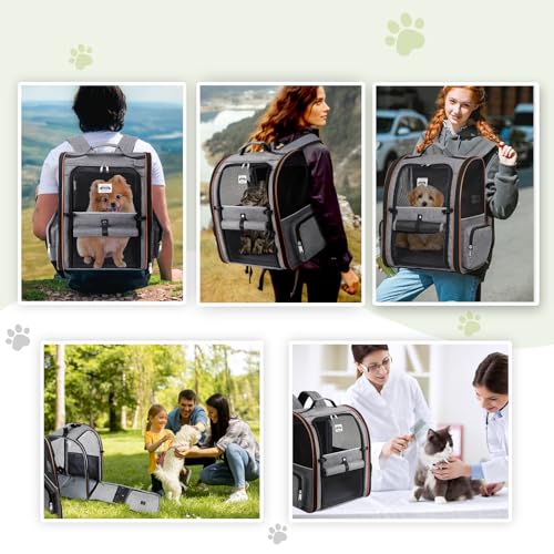 Lekebobor Cat Carrier Backpack, Expandable Pet Carrier with Sun Shade & Full Front Opening, Breathable Mesh Backpack for Small Dogs & Medium Cats Up to 18 Lbs, Foldable for Hiking, Camping (Grey)