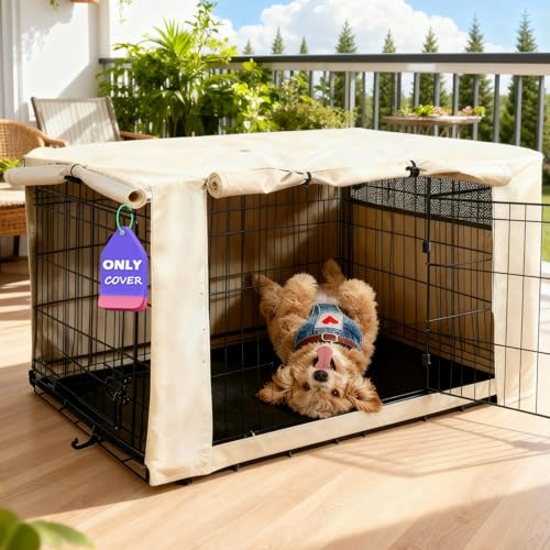 HiCaptain Dog Crate Cover 36.0" L x 23.0" W x 25.0" H with Breathable Mesh, Heavy Duty Kennel Cover, Dual Zippered Panels, Windproof Waterproof(Beige)