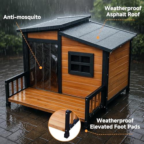 WHEGETED Large Dog House Outdoor Indoor for Small Medium Large Dog, Wood Insulated Dog Kennel Home with Durable Weatherproof Asphalt Roof and Elevated Floor Outside Shelter Brown 39x37x30 Inches