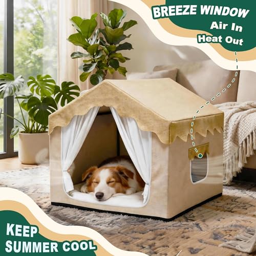 Pelemee Indoor Dog House, Breeze Pet Tent with Sturdy Frame & Window, Dog Cave Bed with Washable Cover for Medium-Large Dogs (36-66 lb), 29", Cream
