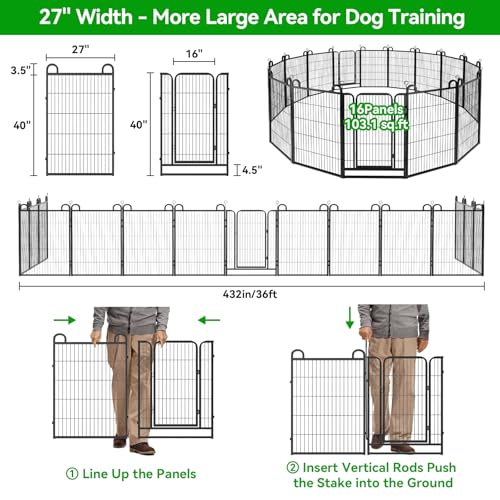 Dog Playpen Outdoor 16 Piece Panels Heavy Duty Dog Fence 40" Height Anti-Rust with Doors Portable for RV Camping Yard, Total 36FT, 102 Sq.ft, Snowy Black