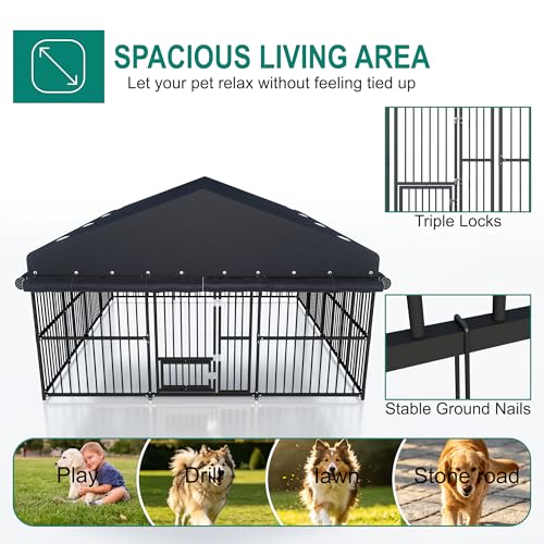 10x20x6 FT Dog Kennel, Outdoor Dog Enclosure with Roof for Large Dogs, Heavy Duty Metal Outside Dog Fence with Triple Safety Locks Secure Dog Cage