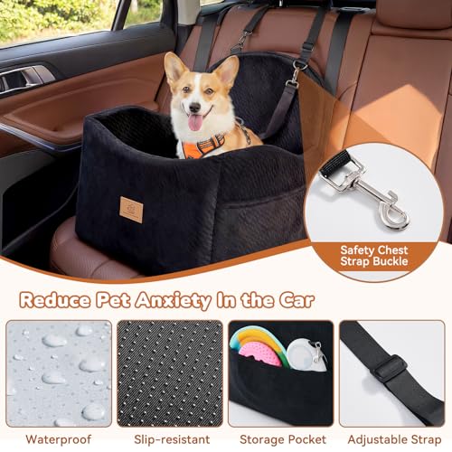 Dog Car Seat for Medium/Small Dogs, Dog Booster Car Seat, Pet Booster Seats Up to 40lbs with Waterproof Layer, 3 Storage Pockets and Safety Belt (Black)