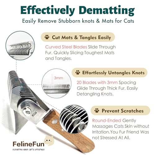 FelineFun Cat Brush for Dematting & Deshedding, 2 in 1 Undercoat Rake, Efficiently Remove Loose Hair & Matted Fur, Professional Shedding Comb for Indoor Cats & Long Haired Cats