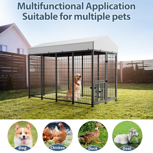 ROOMTEC Heavy Duty Outdoor Dog Kennel with Rotating Bowls, 8 x 4 x 5.6-ft