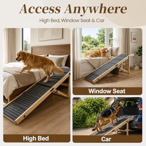 FurnPulse Extra Large Dog Ramp 63‘’L for High Bed, Couch & SUV – 200 Lb Heavy Duty Solid Wood Pet Ramp, 6 Adjustable Height – Portable Stable Non-Slip Steps for Medium to XL Dogs