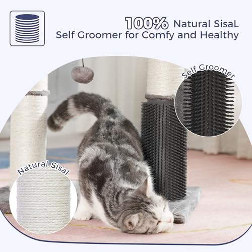 Pawfessor Cat Tree Tower for Large Cats Cat Scratching Post with 20x15.7”Wide Top Bed, Self Groomer, Thick Scratch Post [Dia=4.5”] and Danging Ball Great for Indoor Cats-Large Grey