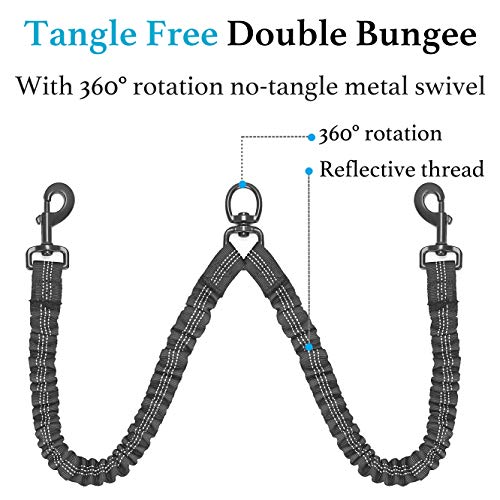 iYoShop Dual Dog Leash - 360° Swivel, No Tangle Walking Leash with Shock Absorbing Bungee for Two Dogs (Large, 25-150 lbs, Black)