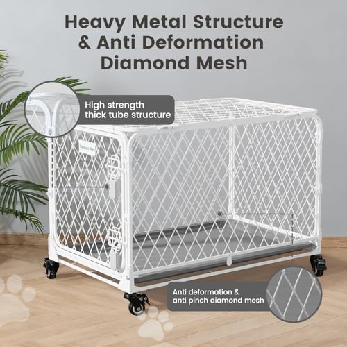 36 Inch Collapsible Dog Crate with Diamond Mesh, No-Tool Assembly Foldable Dog Kennel with 4 Lockable Wheels,Removable Tray,Portable Dog Cage for Medium/Large Dogs, Space-Saving, Indoor Outdoor Use