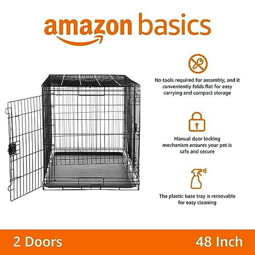 Amazon Basics Portable Metal Wire Dog Crate for Large Dogs, Double Door with Removable Tray, Divider Panel, Easy to Assemble, 48" x 30" x 32.5", Black