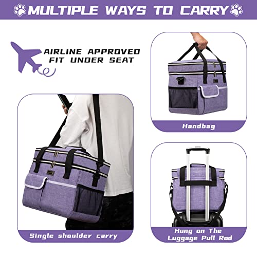 BAGLHER Dog Travel Bag for Supplies - Double-Layer Airline Approved Weekend Pet Travel Organizer Set for Dog and Cat Tote with 2 Pet Food Containers and 2 Collapsible Silicone Bowls Purple