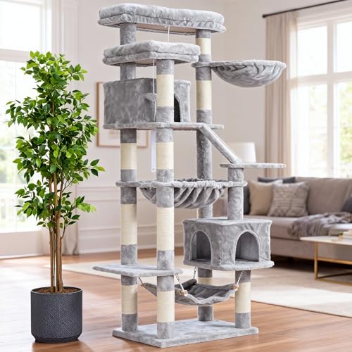 Heybly Cat Tree, 71-Inch-Tall Tower for Indoor Cats with 2 Perches, 2 Big Condos, 2 Hammocks, Basket, Scratching Pad, Large Cat Furniture and Condo, Light Gray HCT034W