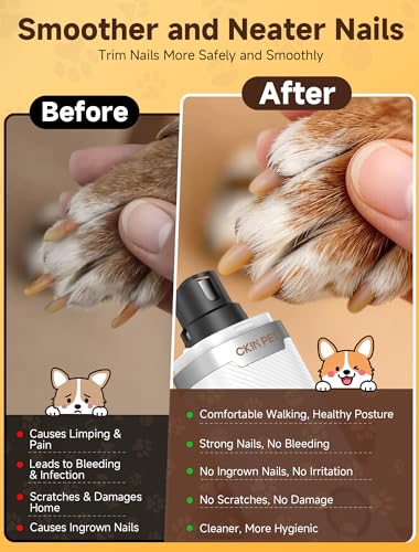 Ckin pet Dog Nail Grinder, Quiet Electric Dog Nail Trimmer with 2 LED Lights, 3-Speed Pet Nail Grinder for Dogs & Cats, Rechargeable 2000mAh Nail Grinder for Small Medium Large Dogs with Light, White