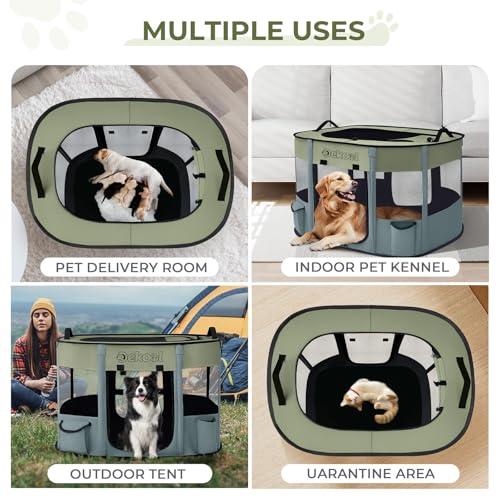 Foldable Dog Cat Playpen, Portable Dog Crate for Puppies, Cat, Puppy Play Pen for Indoors, Kennel Tent Crate for Indoor Outdoor Travel Camping Use with Carrying Case (Green, M)