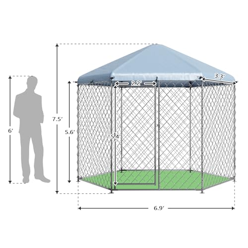 EUNHOO Outdoor Dog Kennel,6.9'L x 6.9'W x 7.5'H Metal Wire Dog Kennel for Large Dogs,Heavy Duty Dog Pen Dog Run with Roof, Fence for Dogs Outside Yard