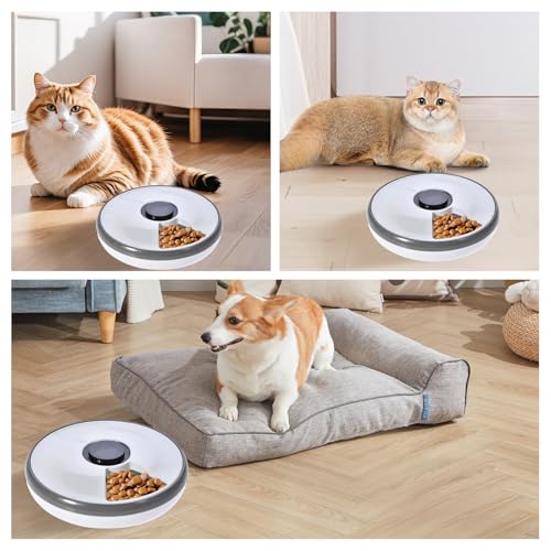 Primero Basics 6-Meal Timed Automatic Cat & Dog Feeder with Cooling Pack, Programmable Portion Control Pet Food Dispenser for Dry & Semi-Wet Food, 12.4″×12.4″×2.99″