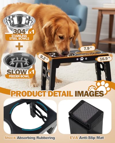Jovrun Elevated Dog Bowls for Medium Large Size Dogs, Non-Slip Dog Feeder with 1*Stainless Steel Dishes & 1*Slow Feeder Bowl, 5 Heights Adjustable Raised Bowls to 3.15″-8.66″-9.84″-11.02″-12.2″